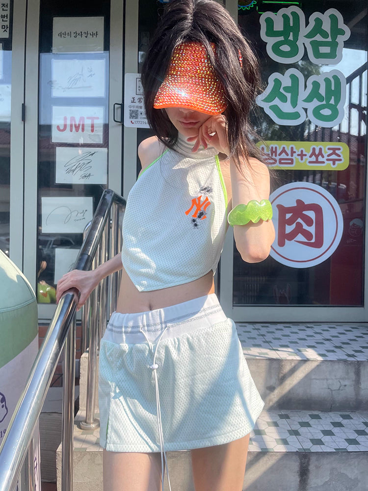TexEvasion Drawstring-Accented Patchwork Short Skirt
