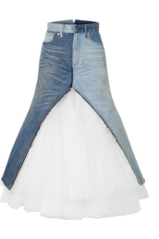 Junya Watanabe Paneled Denim And Tulle Maxi Skirt - Blue