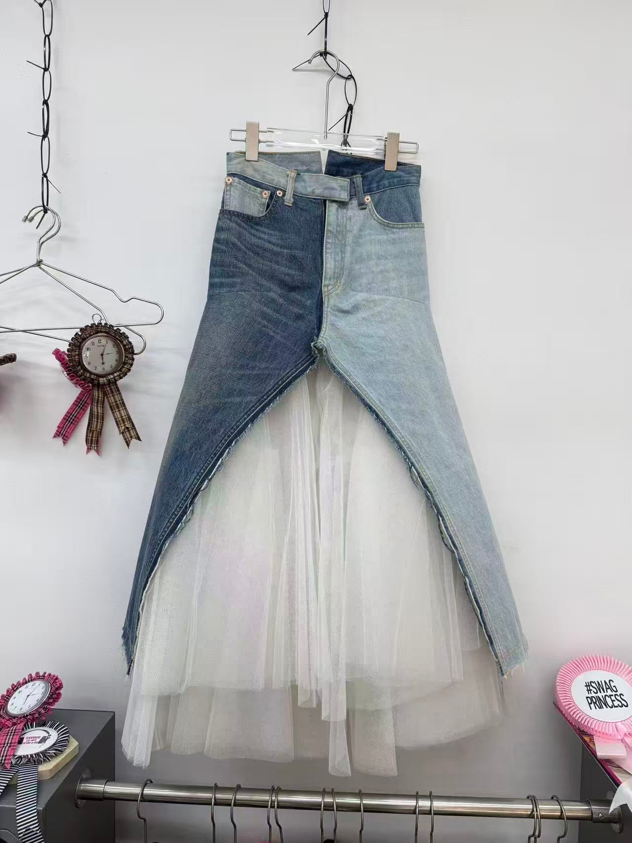 Junya Watanabe Paneled Denim And Tulle Maxi Skirt - Blue