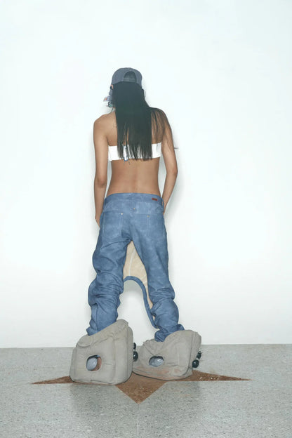 TE.COM Denim-Pattern Special-Cut Shearling Leather Pants